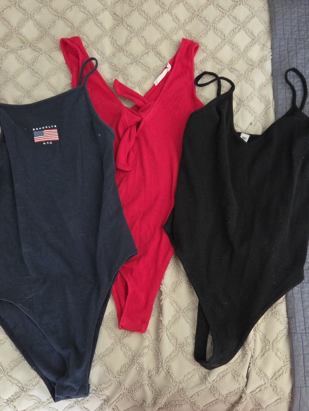 3 Sleeveless Bodysuits - Navy, Red, Black S/M